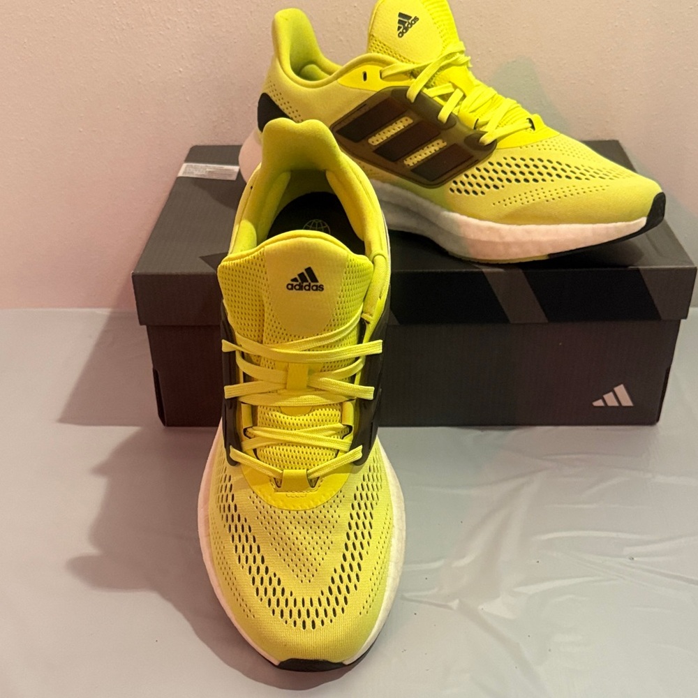 adidas Pure Boost 22 Bright Yellow Athletic Running Shoes with Black Accents - Picture 2 of 6